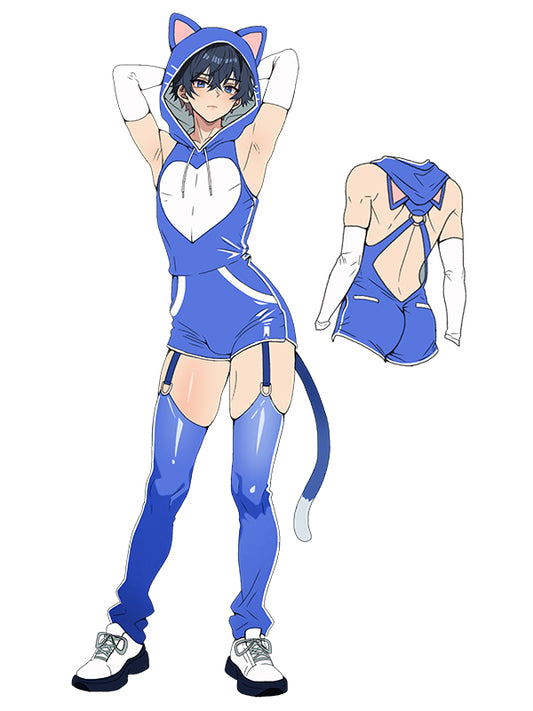 Cute Blue & White Backless Cat Bodysuit
